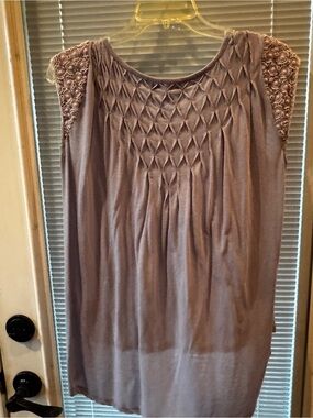 Dusty blue Smocked Front Crochet Sleeve Tunic - high low design on hem